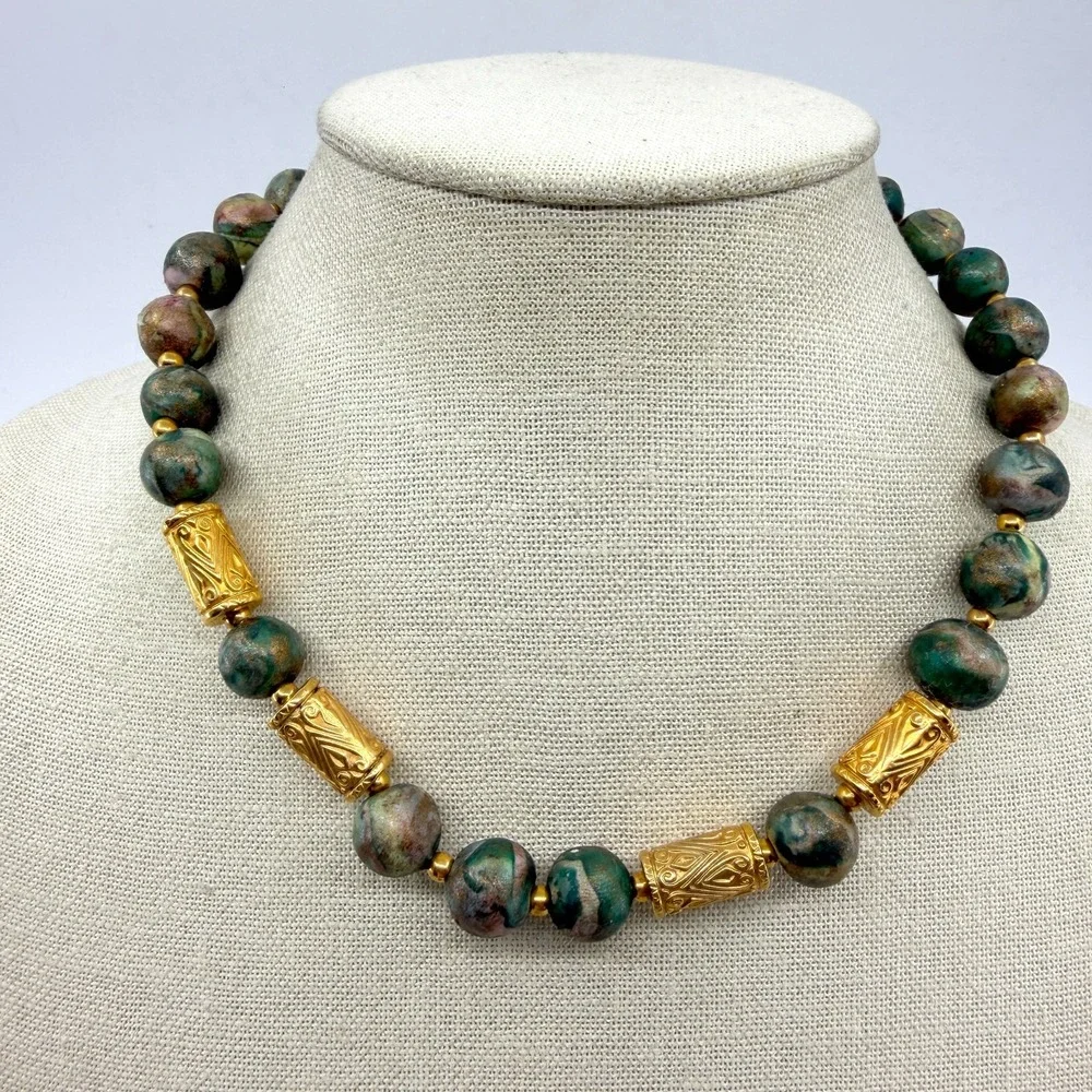 Green Pink Marbled Bead Necklace Gold Tone Tribal Boho Statement Jewelry Gift